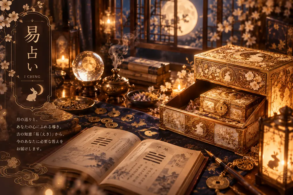 月の窓辺の机に、易経の本と金の薬箱、古銭が並ぶ